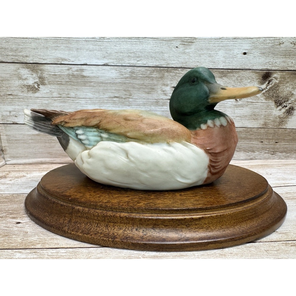 VTG Giuseppe Armani Capodimonte Mallard Duck Figure Signed Italy Wood Base 80's